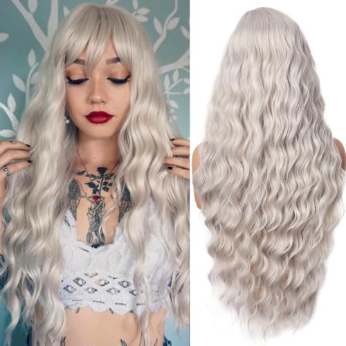 YEESHEDO Damen Perücke Lang Lockige Perücken für Frauen mit Pony, Natürlich Lange Locken Ingwer Rot Wig, Anime Cosplay Halloween Wigs 28 Zoll (Aschblond)