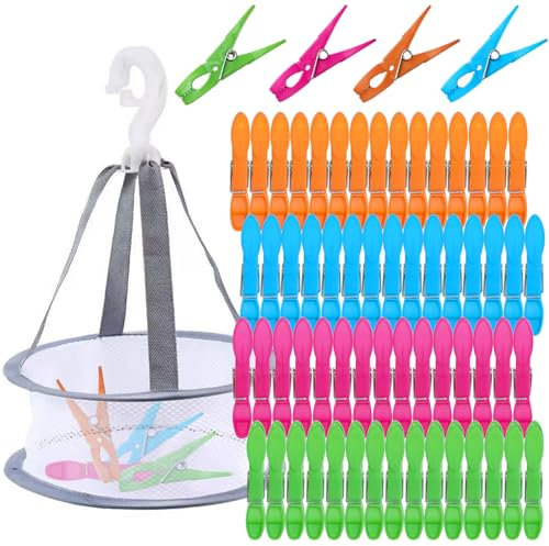 Bukuhlio 60 Stück Windfeste Bunte Wäscheklammern Ohne Abdruck, Plastik klammerbeutel für Wäscheleinen und Kleidung, Socken