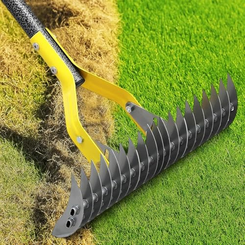 Thatch Rake, 4 FT Lawn Dethatcher Rakes, Dead Grass Remover, Dethatching Rake with Adjustable Length Handle,Scarifier Rake for Lawns Grass Loosening Soil Cleaning Leaves, Silver