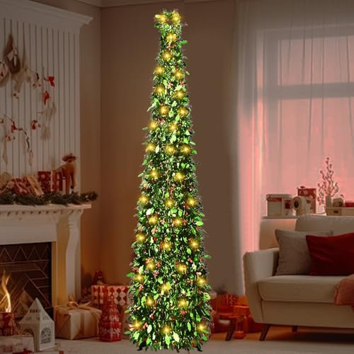 Árbol de Navidad artificial con iluminación, desprendible, en espiral, 150 cm, árbol de Navidad decorado con iluminación, para el hogar, cocina, comedor (A)