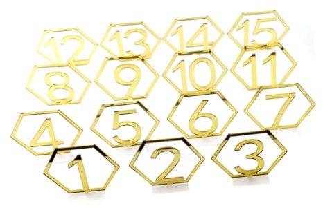 TOPBATHY Hexagon Tischnummern Goldene Hohle Tischkarten für Hochzeitstisch Dekoration Wiederverwendbare Namensschilder für Bankett und Catering