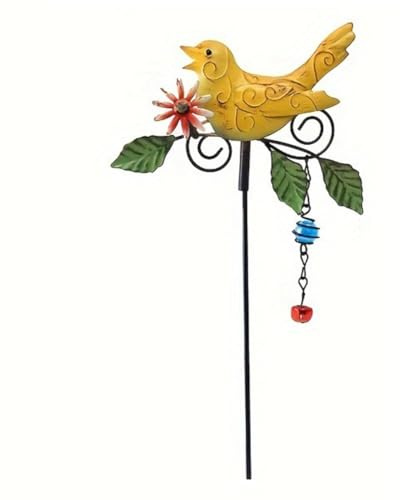 Puthernm 1Pc Metal Bird Garden Stake Metal Bird Wind Chime with Bell Outdoor Decor Christmas Garden Bird Decorations Wind Chime, Easy Install Easy to Use B