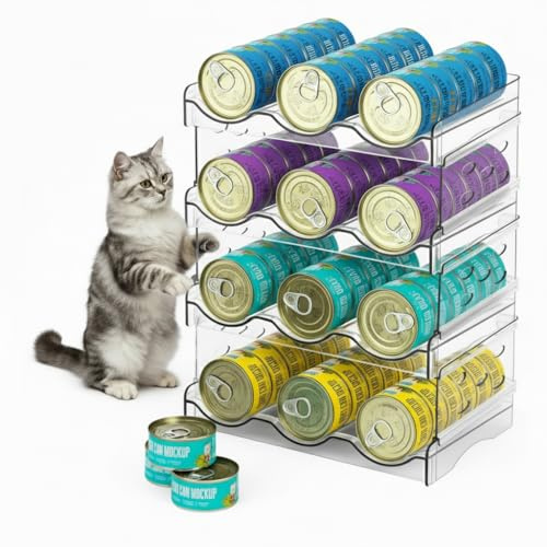 Katzenfutter Organizer, 3-stufiges Acrylregal für Nassfutter-Dosen | Für Katzenfutter-Dosen, transparentes Acryl, erhöhte Ränder, platzsparend