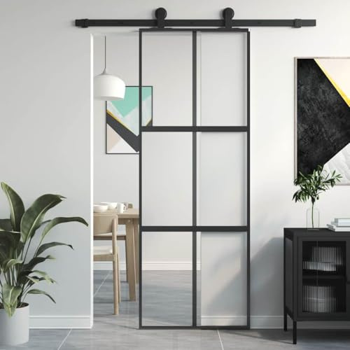 Porta interna scorrevole da cucina,Porta scorrevole nera 76 x 205 cm vetro temperato e alluminio per porte scorrevoli, armadi, porta temporanea