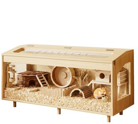 EXPERLAM Wooden Hamster Cage 100 cm, 50 cm Tall Large Small Animal Habitat with Openable Mesh Top, Chew-Resistant Acrylic Panels and Removable Floor Panel, Wood Enclosure for Gerbils (100*40*50 cm)