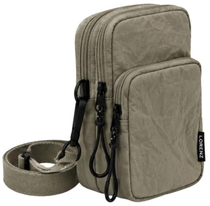 Lorenz Kleine Crossbody-Tasche für Damen, kompakte Reisetasche mit Doppelreißverschluss, leichte Nylon-Umhängetasche mit 3 Reißverschlussfächern, verstellbarem Riemen, 16 x 10 x 6 cm, Olivengrau