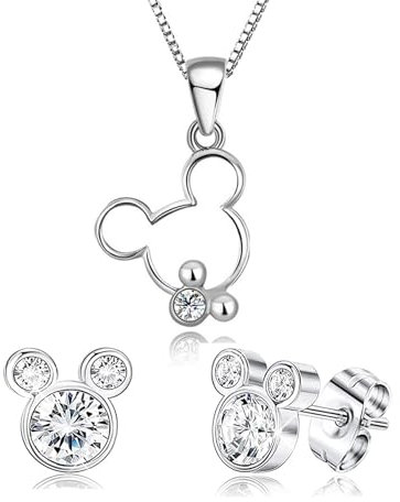 baobei Mickey Mouse Halskette Damenschmuck Set 925 Sterling Silber Zirkonia Minnie Mouse Anhänger Halskette und Ohrstecker Schmuck Geschenk für Frauen Mädchen mit Silberkette Schmuckschatulle