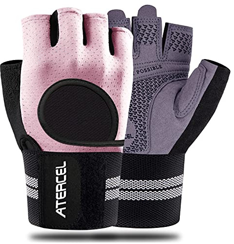 ATERCEL Fingerless Padded Palm Gloves Breathable with Wrist Support for Water Ski, Canoeing, Sailing, Jet Skiing, and Rowing for Mens and Women, Full Palm Protection (Pink, M)