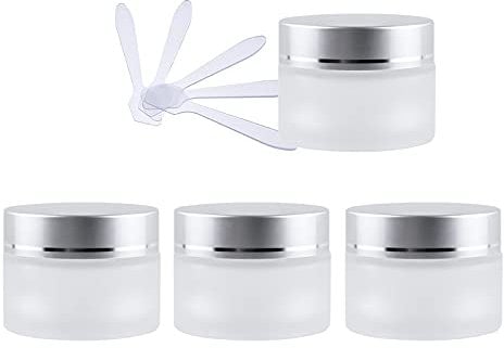 ZEOABSY 4 Pack Frosted Transparent Glass Cosmetic Jars, 50ml Empty Face Cream Storage Containers Pots with Frosted Silver Lid for Creams, Lotion, Lotion Ointment + 4X Spatula