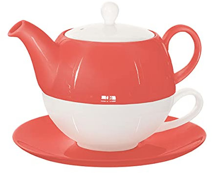 Buchensee Tea for One Lena 500ml aus Crystal Bone China Porzellan in coralrot. Teekanne + Teetasse + Untertasse