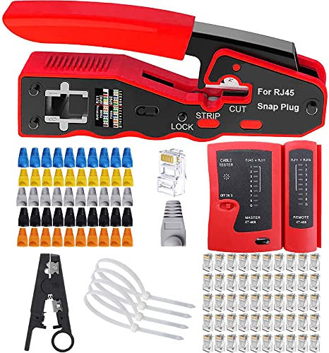 MAYLINE RJ45 Pinza Cirmpatura Strumenti Kit CAT5 CAT6 Cavi di Rete Set CAT7 Professionali Crimpatrice per LAN Ethernet RJ11/RJ12 Crimpare, Wire Passanti Manutenzione del Kit LAN Tester del (Rosso)