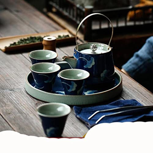 Antique Blue and White Teaset Handmade Ji Blue Glaze Peony Ceramic Tea Pot 1 Pot 4 Cups Tea Ceremony Kung Fu Puer Travel Tea Set-As pic