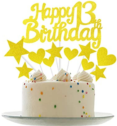Personalised Happy 13th Birthday Cake Toppers Gold Cake Decorations for Girls Boys 13th Birthday Cake Cupcake Topper, Glitter Cakes Banner Decoration for Kids 13 Birthday Anniversary Party Supplies