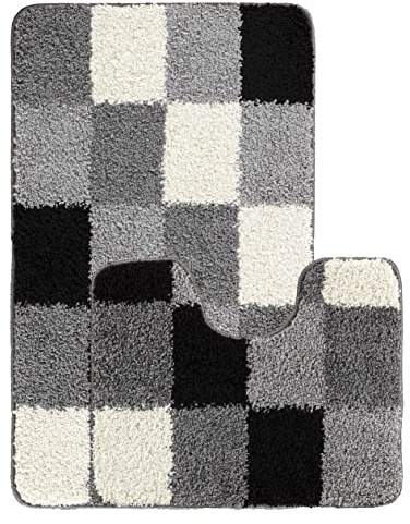 emmahome Luxurious Soft Shaggy Bath Mats Non-Slip Machine Washable 2 Piece Set Toilet Rug, Onato (Large - 60x100cm, Cream/Fume/Black/Grey)
