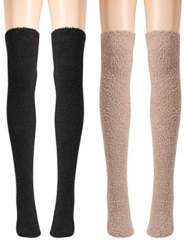 QKURT Fluffy Knee High Socks, 2 Pairs Winter Warm Thigh High Socks Stocking Coral Fleece Over Knee Socks Extra Long Socks for Women Girls ladies