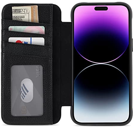 Case-Mate Wallet Genuine Leather BookCase compatible with Apple iPhone 14 Pro Max case leather [10ft drop protection Magnetic ring incl. money and card slots Handmade leather] - Black