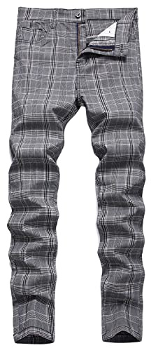 FEOYA Pantalon Chino à Carreaux Homme Stretch Pantalon Habillé Droit Élastique Ecossaise Pantalons Crayon Tartan Extensible Slim Ajusté Costume à Carreaux Gris Taille 32