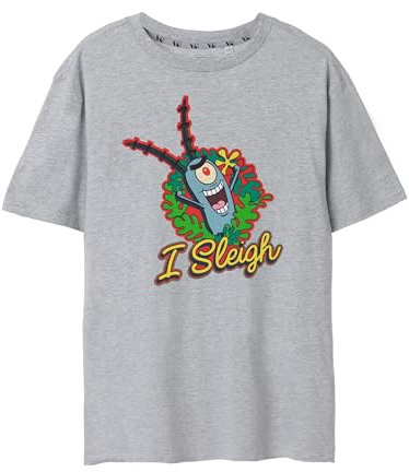 SPONGEBOB SQUAREPANTS Womens T-Shirt in Grey Marl | Christmas Graphic Tee for Adults | Plankton - I Sleigh Short Sleeve Seasonal Lightweight Top | Festive Holiday Fun Merchandise Gift for Her