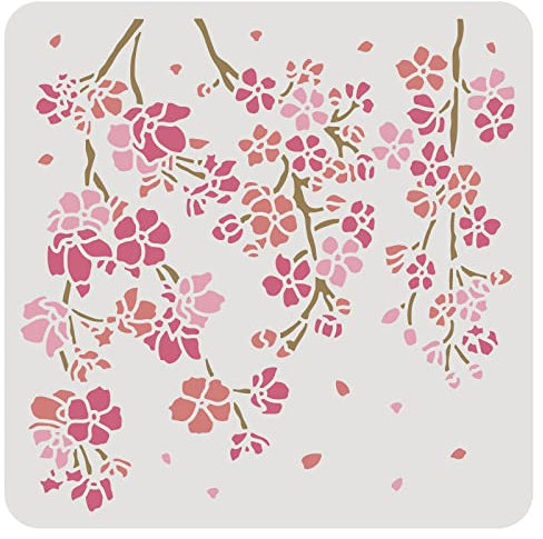 BENECREAT Stencil di Fiori di Ciliegio da 30x30 cm, Tema Floreale Riutilizzabile Plastica Disegno Stencil Modelli per Dipingere su Scrapbook Tessuto Parete Pavimento Mobili Legno