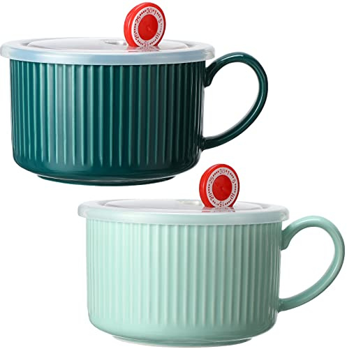 Nuenen 2 Pcs Soup Bowls with Lids Handles 30oz Ceramic,Blue, Dark Green