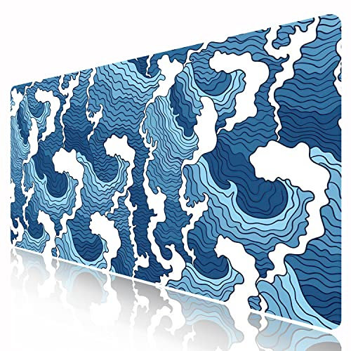 FANRTE Large Gaming Mouse Pad with Stitched Edges, (35.4X15.7In) Durable Non-Slip Natural Rubber Base, Waterproof Computer Keyboard Pad Mat for Esports Pros/Desk mat/Home (Blue Waves)