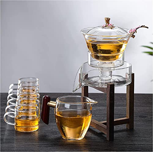 Service à thé Bouilloire Théière Fleur en Verre, Meilleur Service à Thé Résistant À La Chaleur, Bol De Couverture Rotatif De Détournement D'eau Magnétique, Costume De Théière En Verre Semi-Automatiq