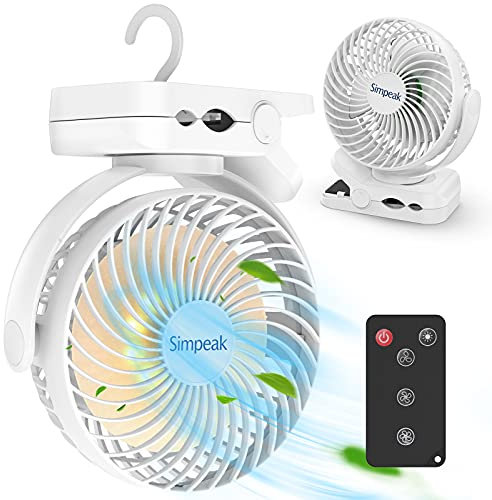 Simpeak 10000mAh Desk Fan, Clip on Fan with Remote Control, 720° Adjustable Camping Fan with 3 LED Light Brightness & 3 Wind Speed, USB Rechargeable Fan Portable Fan 66 Hours Operation-White