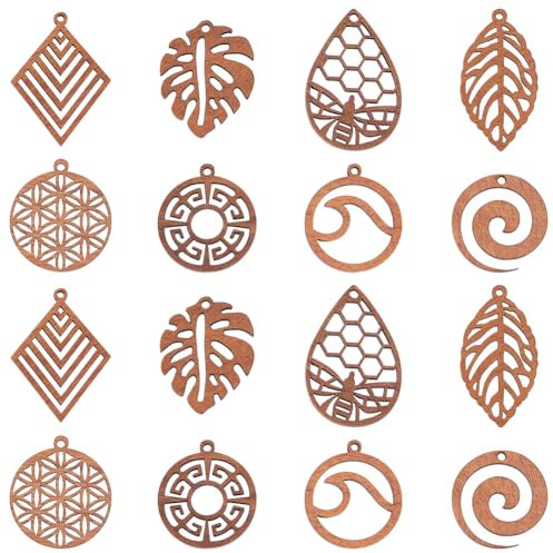 HOBBIESAY 16 pièce 8 styles de Pendentifs en Forme de Feuille d monstre en Bois Ondulant Creux Rond en Boi marron Géométrique Losange Goutte en Filigrane Breloques pour la Fabrication de Bijoux