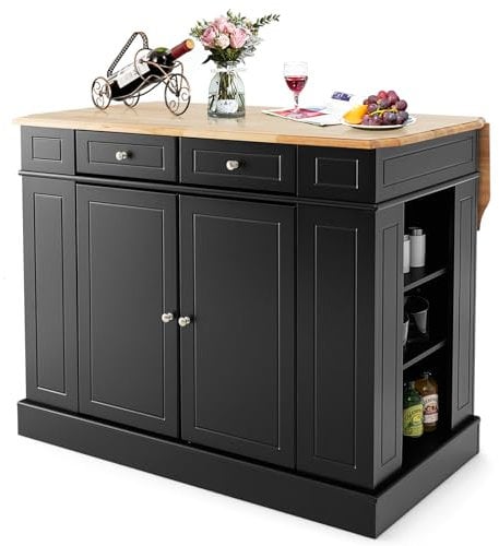 GiantexUK Kitchen Island, Extendable Kitchen Cabinet Sideboard with Rubber Wood Countertop, 2-Door Cabinet, Drawers, Adjustable Shelves & Side Racks, Storage Cupboard for Dining Living Room (Black)