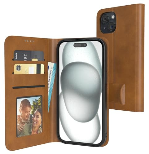EAZY CASE - Klapphülle für iPhone 15 Hülle klappbar mit Kameraschutz Schutzhülle mit Magnet Flip Case Ständer Kunstleder Klapptasche mit Kartenfach Sichtfenster für Foto Premium Handyhülle Hell Braun
