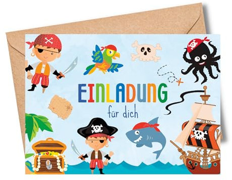 MeinBaby123® 10 Einladungskarten Kindergeburtstag Piraten | Geburtstagseinladungen für Jungs | Piraten Einladungskarten | inkl. 10 Briefumschläge | Premium Qualität (Piraten V2)