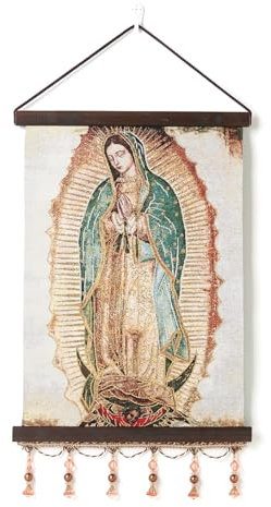 HZMAN Jungfrau Maria Malerei Retro Handgefertigte Weben Wandkunst Dekor Heilige Unsere Dame Guadalupe Ästhetisches Bild für Wohnzimmer Schlafzimmer Holz eingerahmt 17x12 Zoll