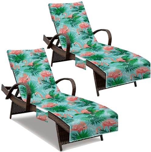 Copertura per sedia a sdraio, con tasche laterali, 85 x 30 cm, spessa e ad asciugatura rapida, per sedie a sdraio, piscina, spiaggia, giardino, esterni, motivo fenicottero