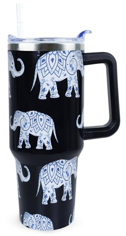 Xchearser 40 oz Cute Elephant Tumbler with Handle and Straw, Stainless Steel Insulated Cup with Lid and Straw, Travel Mug Water Bottle, Gifts for Women