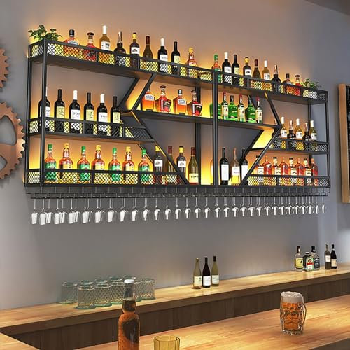Industrielles Weinregal Wand,Großes Bar-Weinregal Mit LED-Leuchten,Flaschenregal,Weinflaschenhalter,Weinhalter,Wine Rack,Weinständer,Weinregal Metall,Bar Regal Wand,Barregal Für Weinkeller,Küche ( Col