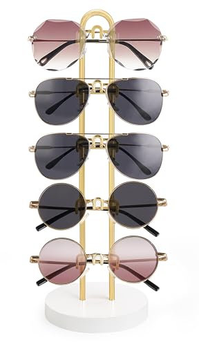 Mkono Sonnenbrillen-Organizer, Brillenhalter, Ständer, Sonnenbrillen-Aufbewahrung, Brillenregal, Metallrahmen mit Holzsockel, für 5 Paar Brillen-Display für Tisch, Schreibtisch, Dresser, Gold