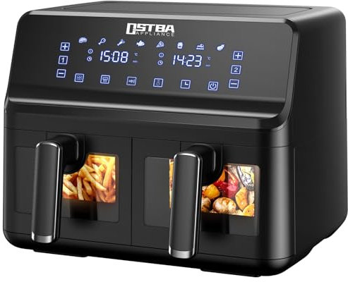 Freidora de Aire Dual Zone con Ventana de Visualización, 8 L(4L + 4L) Freidora Sin Aceite con 8 Programas, Pantalla LED Táctil, Temporizador, Cestas Antiadherente, 1700W, Negro
