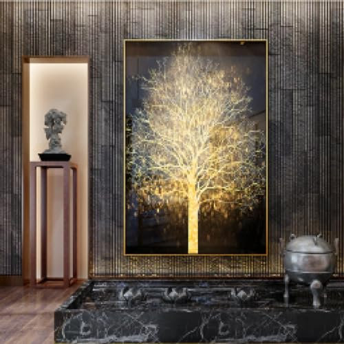 Goldene Pachira Macrocarpa Geldbaum Kunst Leinwand Malerei Goldrahmen Bilder für Wohnzimmer Fotodruck Home Decor 50x83cm/20x33inch mit goldenem Rahmen