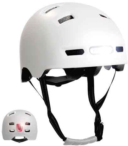 Crazy Safety Vertigo Matt Weiß Fahrradhelm Vorder- und Rücklicht USB| Skater-Helm für Roller, Skateboard, Inline-Skates und BMX-Fahrräder, City-Fahrradhelm für Männer und Frauen | L 57-61cm