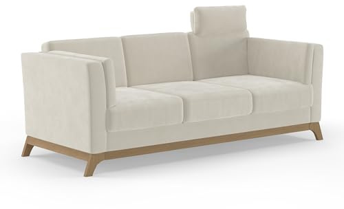 Cavadore 3er-Sofa Vida / 3-Sitzer Couch im trendigen Design mit massivem Holzrahmen in Buche, Kopfstütze mit Kuschelkissen / 213 x 84 x 93 / Mikrofaser, Naturweiß