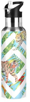 600ml Blue White Leopard Print Insulated Stainless Steel Water Bottle with Straw and Handle
