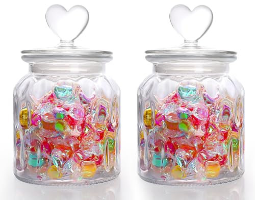 HomeyHoney 22 oz Clear Glass Jars with Cute Heart Shaped Lids Set, Food Storage Glass Canisters with Airtight Lids for Candy Spice Sugar Snacks, Drops / 2 Packs