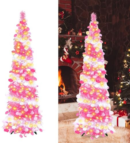 Artificial Collapsible Tinsel Christmas Trees with Lights, 5ft/1.5m Pop Up Pencil Christmas Trees, Glittering Sparking Xmas Decoration Tree with Stand (Pink White)