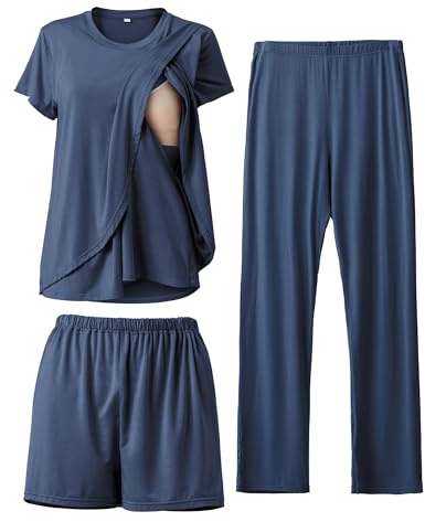 SUNNYBUY 3-teiliges Stillpyjama Set für Schwangerschaft & Stillzeit | Diskretes Stillen, Still-Top, Shorts & Hose, Verstellbarer Bund, Weich & Atmungsaktiv, Alltag & Zuhause