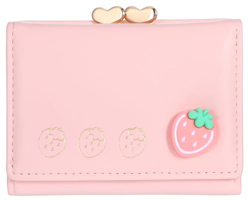 Xinjoduz 1 portefeuille Kawaii en forme de fraise pour femmes, adolescentes, filles, portefeuilles esthétiques, rose clair, petit sac à main en cuir à deux volets, mignon pour femmes, filles et femmes