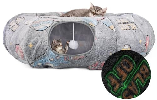 TAIKURA Katzentunnel, Glow-in-The-Dark-Design, Faltbares Katzentunnel Rund mit Schlafplatz, Rascheltunnel XXL Großes Katzen Tunnel, 4X Eingängen Katzenhöhle & 2X Spielzeugbälle, Mehrere Kombinationen