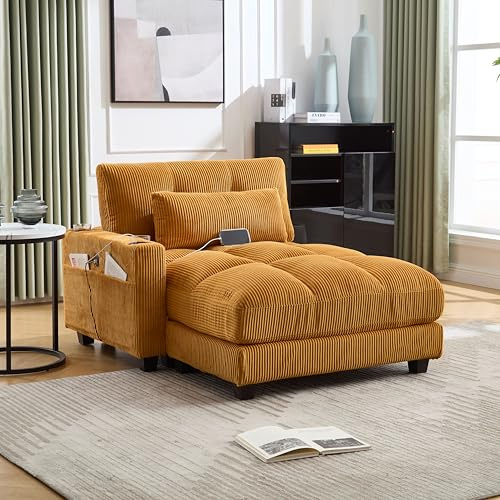 Sofa mit Schlaffunktion, Polstermöbel Loungesessel mit handgeländer rollenden polstern, Wohnzimmer Möbel mit drei Becherhaltern geliefert, Schlafsofa für Wohnzimmer Wohnung Villa,Mustard yellow