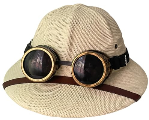 XJKLBYQ Straw Helmet, Pith Sun Hat, Vietnam War Army Hat with Goggles, Classic Wide Brim Jungle Miners Cap for Beaches, Parks, Camping, Hiking(White)