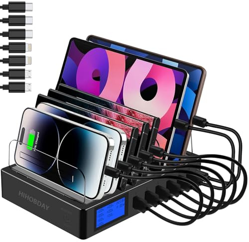 HIHOBDAY 100W 7-Port GaN Charging Station, USB Fast Charger Plug with Display, Compatible with iPhone Samsung Huawei Series and More (Black)