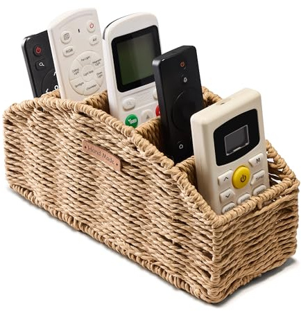 Mokof Handwoven Remote Control Holder Basket with 5-Compartment Organizer